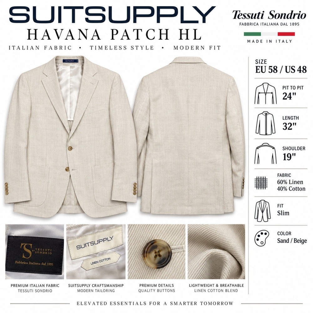 Suitsupply Havana Slim Sand Linen Cotton Blazer 58 EU 48 US C768I Sport Coat